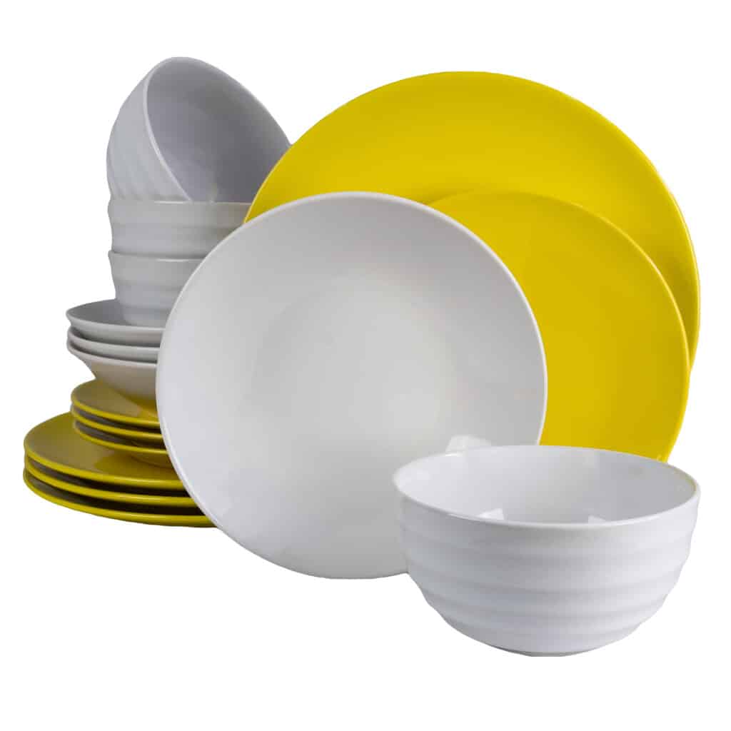 Set de masă pentru 4 persoane, cu bol și farfurie adâncă, rotund, alb lucios/galben neon