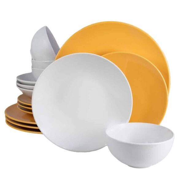 Dinner set for 4 people, with bowl and deep plate, Round, Glossy White/Yellow