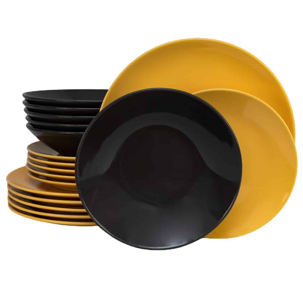 Dinner set for 6 people, with deep plate , Round, Glossy Dark Gray/Yellow
