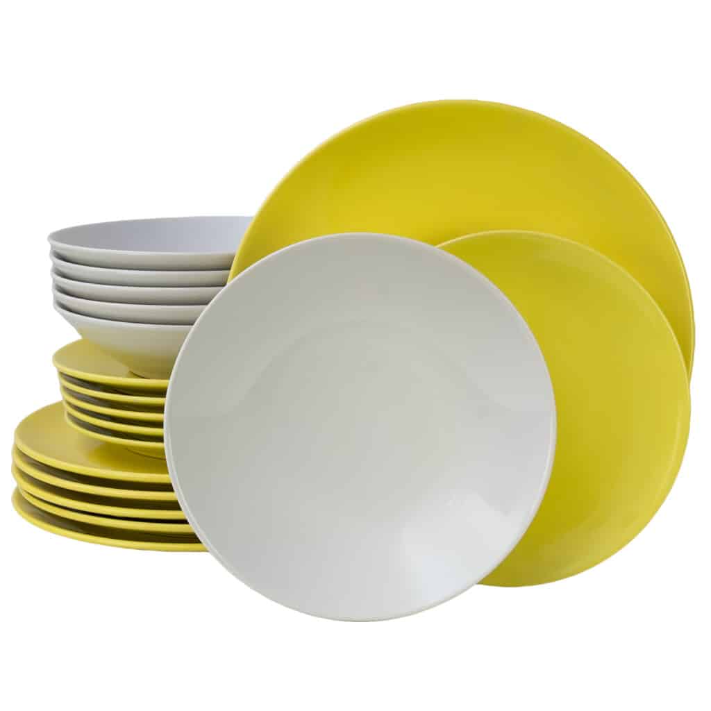 Dinner set for 6 people, with deep plate , Round, Glossy White/Neon Yellow