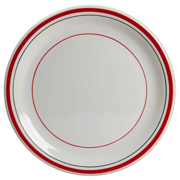 Set of 6 dessert plate, Round, 20 cm, Glossy White decorated with red and black lines