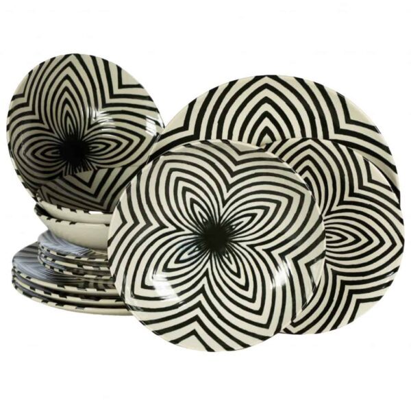 Dinner set for 4 people, with deep plate, Round, Glossy Ivory decorated with black lines
