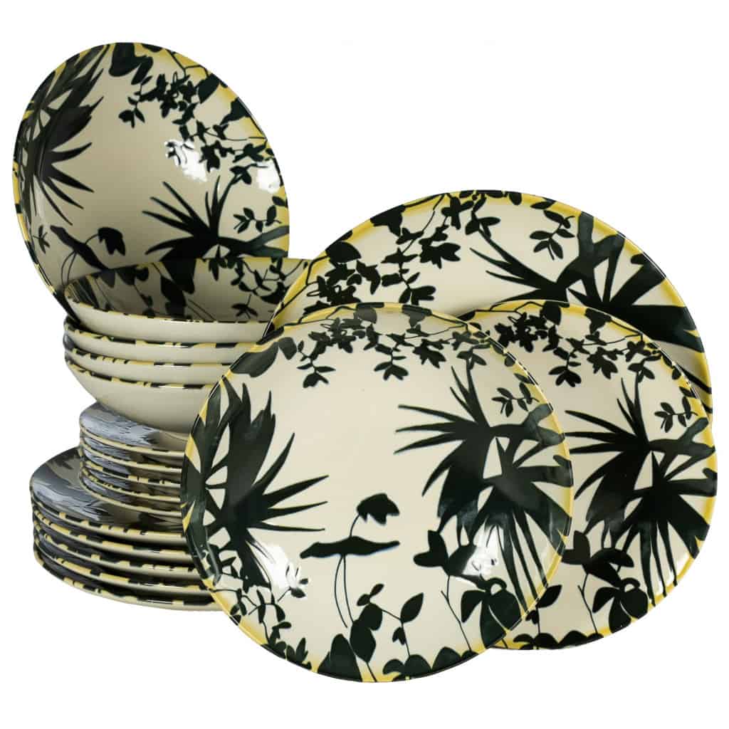 Dinner set for 6 people, with deep plate, Round, Glossy Ivory decorated with black leaves
