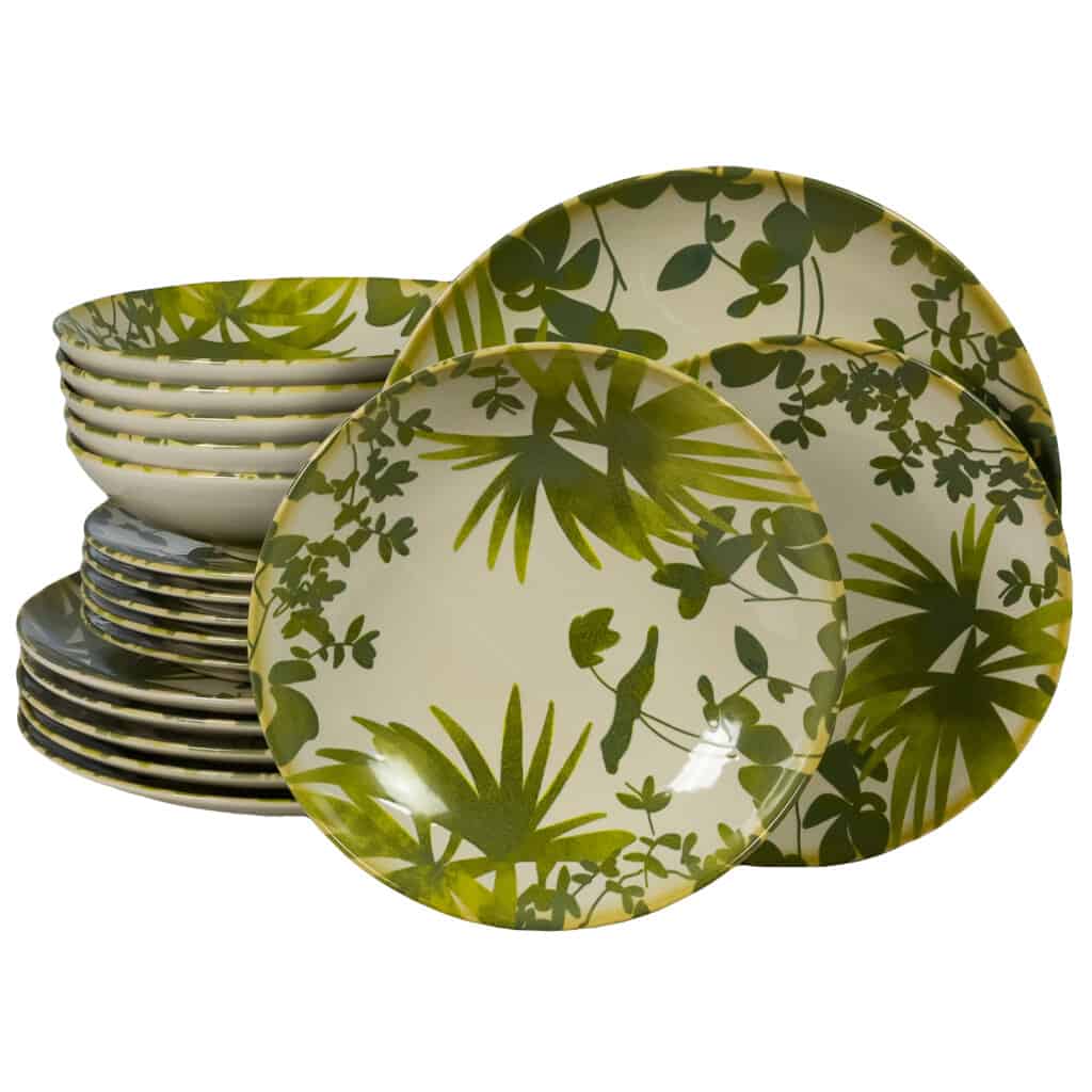 Dinner set for 6 people, with deep plate, Round, Glossy Ivory decorated with green leaves