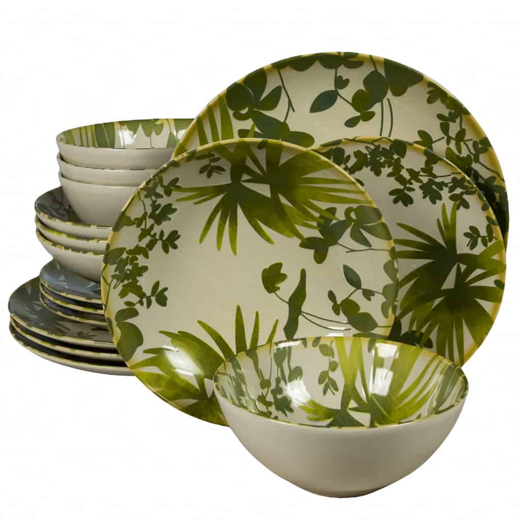 Dinner set for 4 people, with deep plate and bowl, Round, Glossy Ivory decorated with green leaves