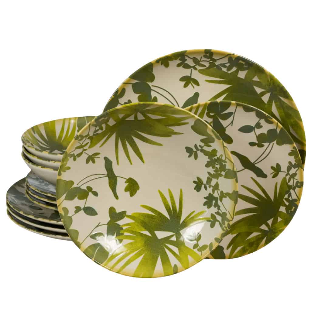 Dinner set for 4 people, with deep plate, Round, Glossy Ivory decorated with green leaves