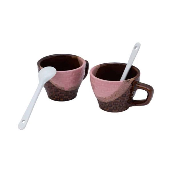 Set of 2 mugs with spoon, 70 ml, Glossy Brown/Pink