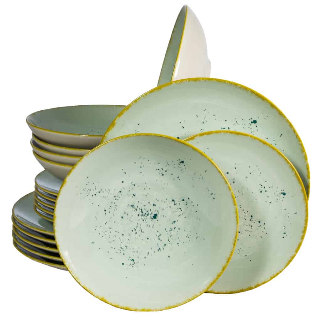 Dinner set for 6 people, with deep plate, Round, Glossy Pappermint decorated with gold edge