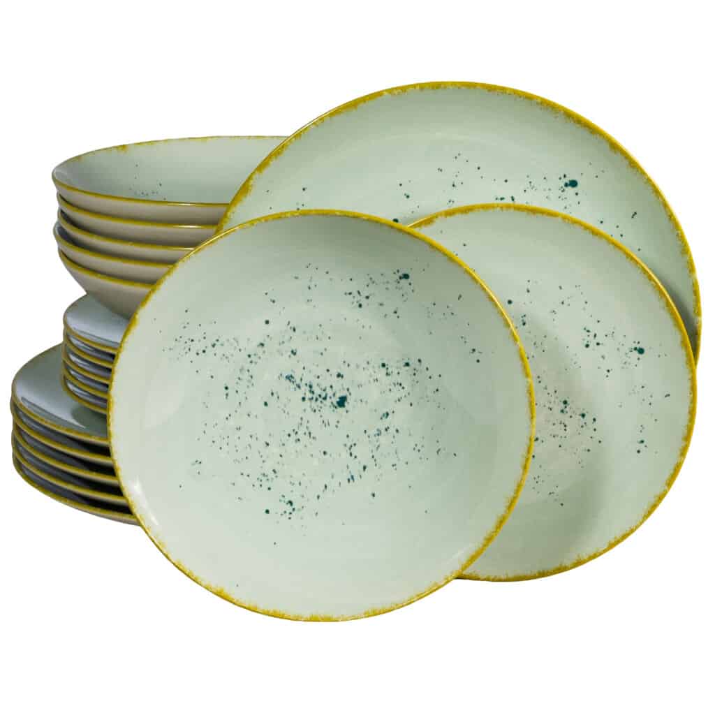 Dinner set for 6 people, with deep plate, Round, Glossy Pappermint decorated with gold edge