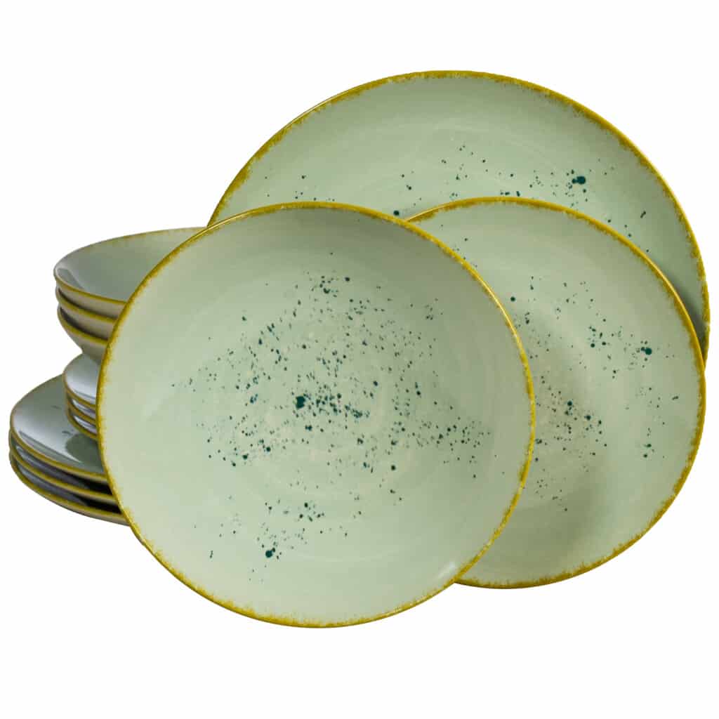 Dinner set for 4 people, with deep plate, Round, Glossy Pappermint decorated with gold edge