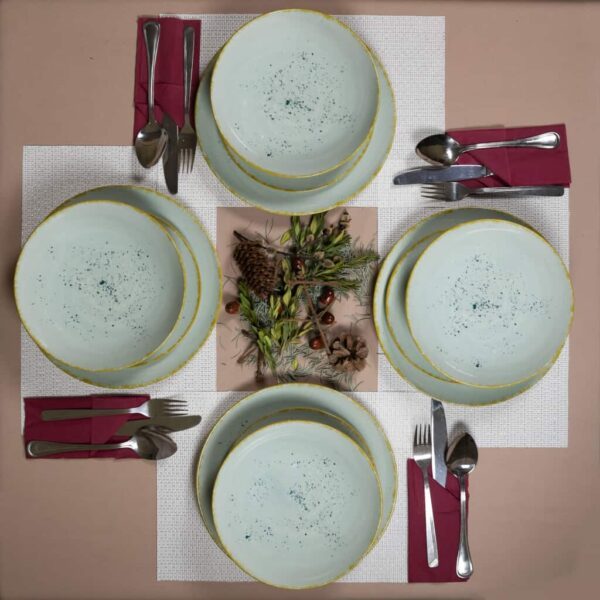 Set de cină pentru 4 persoane, cu farfurie adâncă, rotundă, Pappermint lucioasă decorată cu margine aurie