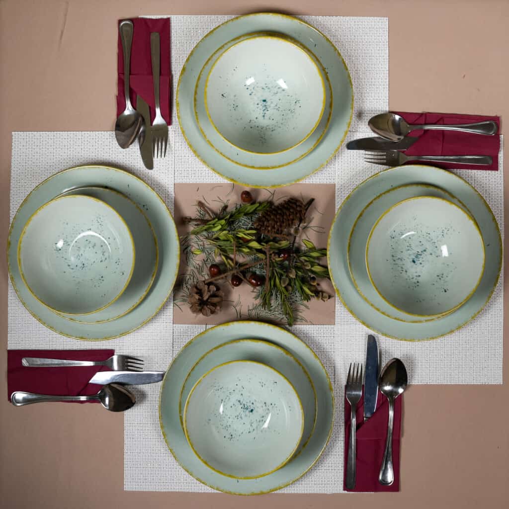 Set de cină pentru 4 persoane, cu bol, rotund, Pappermint lucios decorat cu margine aurie