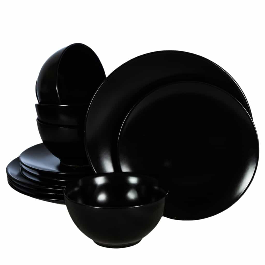 Dinner set for 4 people, with bowl, Round, Matte Black