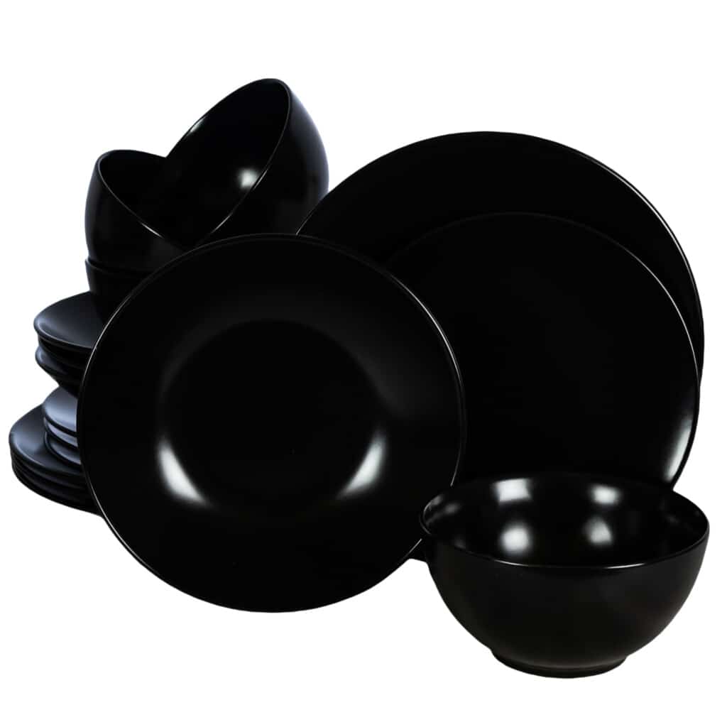 Dinner set for 4 people, with deep plate and bowl, Round, Matte Black
