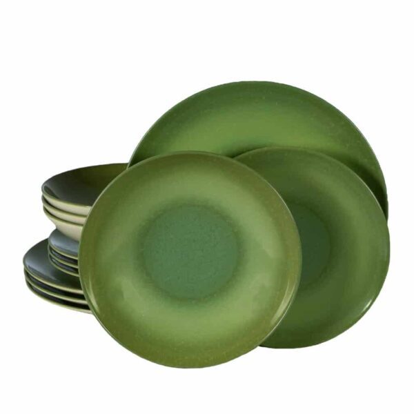 Dinner set for 4 people, with deep plate, Round, Glossy Ivory decorated with tropic green spiral