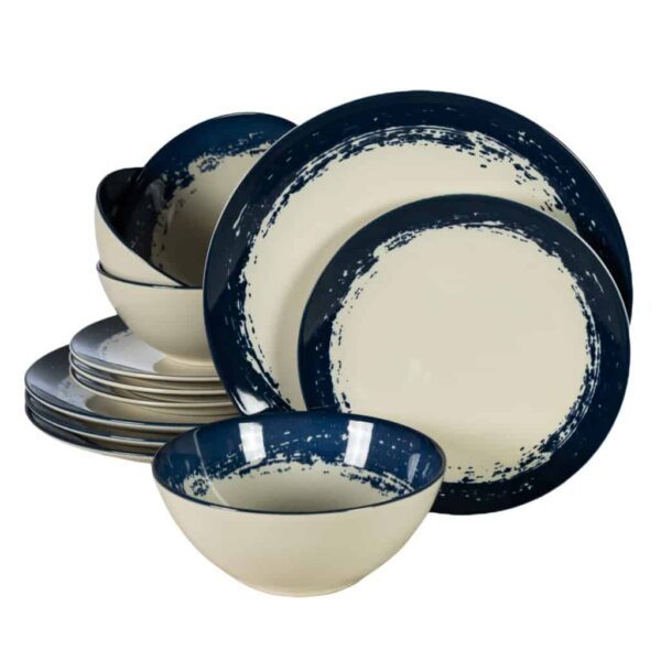 Dinner set for 4 people, with bowl, Round, Glossy Ivory decorated with dark blue edge