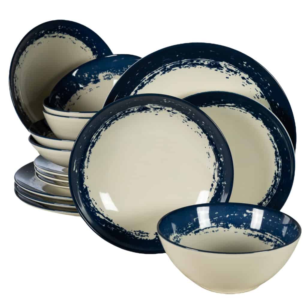 Dinner set for 4 people, with deep plate and bowl, Round, Glossy Ivory decorated with dark blue edge