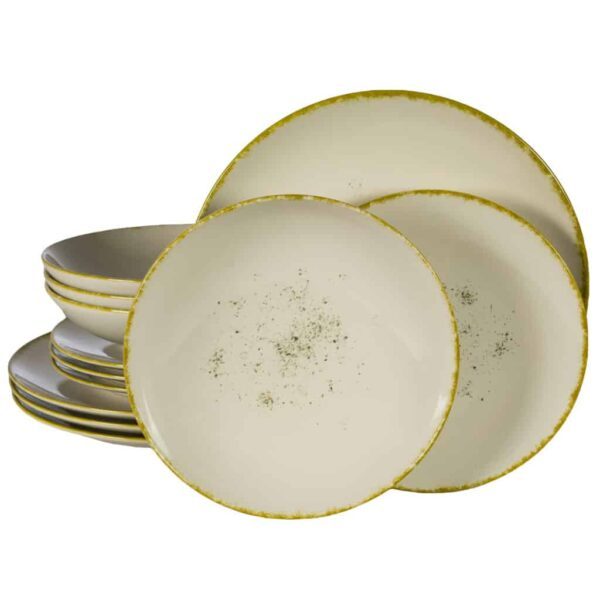Dinner set for 4 people, with deep plate, Round, Glossy Ivory decorated with gold edge