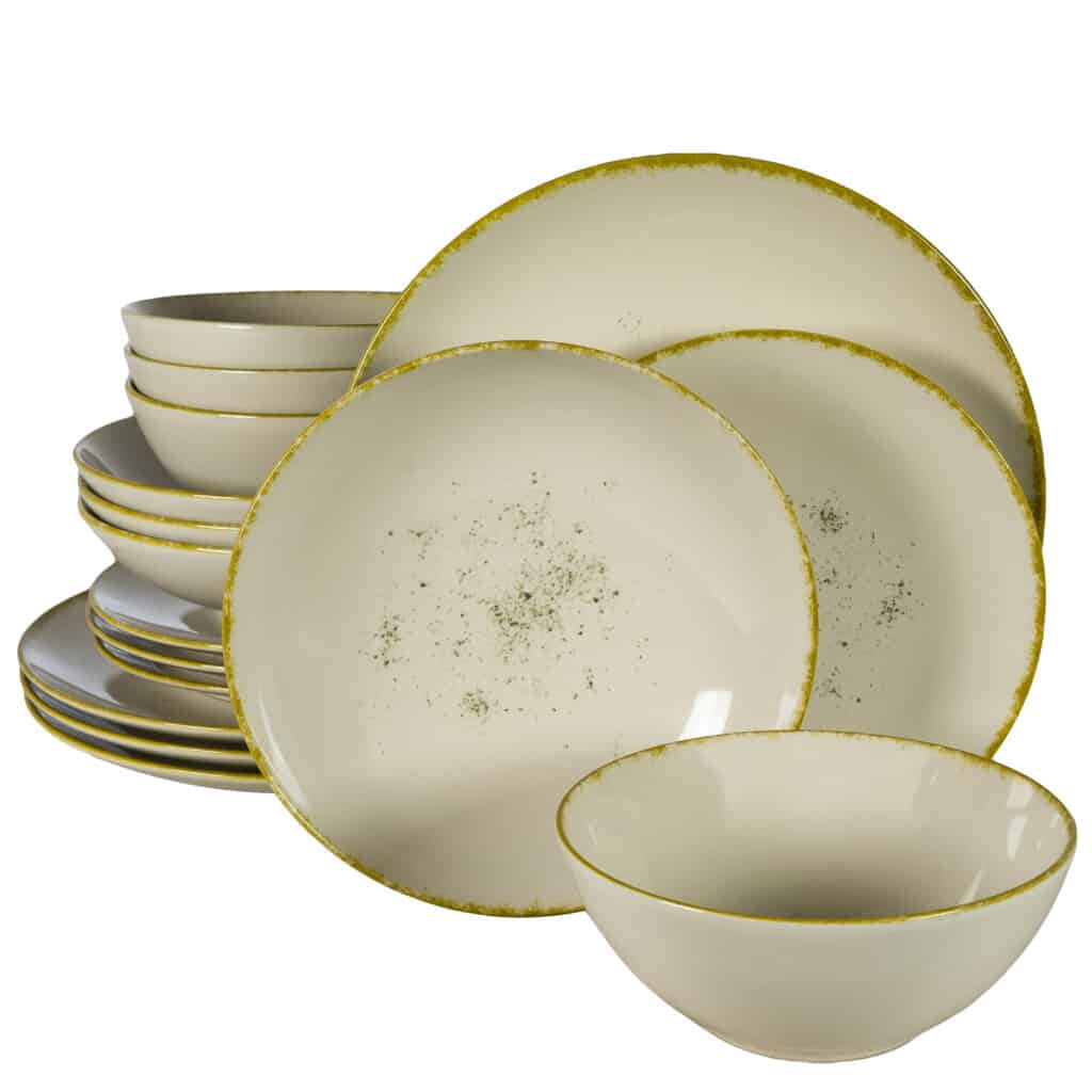 Dinner set for 4 people, with deep plate and bowl, Round, Glossy Ivory decorated with gold edge