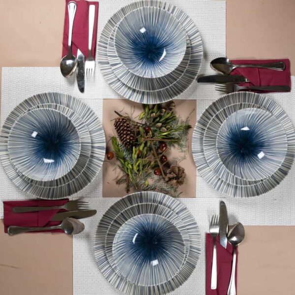 Set de masă pentru 4 persoane, cu bol, rotund, fildeș lucios, decorat cu linii albastre