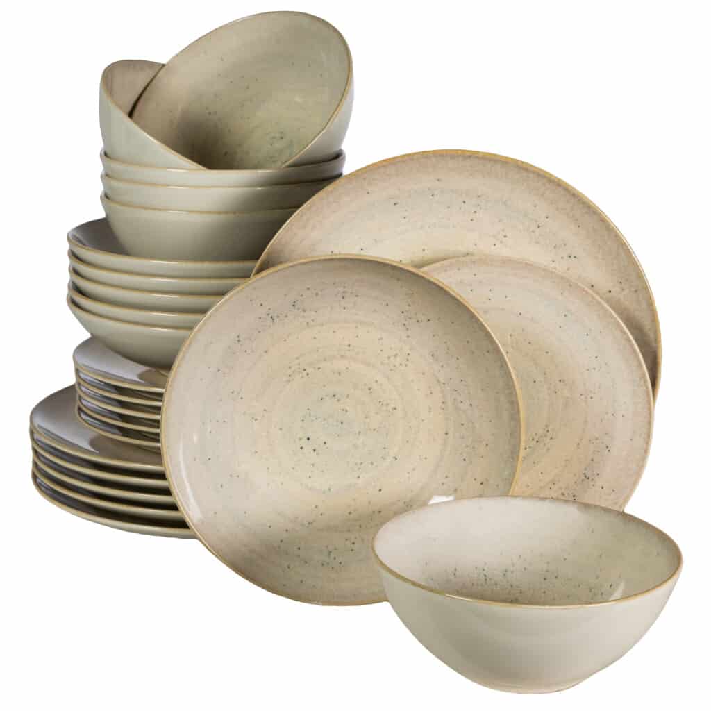 Dinner set for 6 people, with deep plate and bowl, Round, Glossy Ivory decorated with light beige spiral