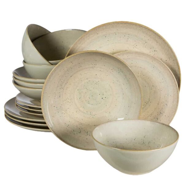 Dinner set for 4 people, with deep plate and bowl, Round, Glossy Ivory decorated with gray gradients