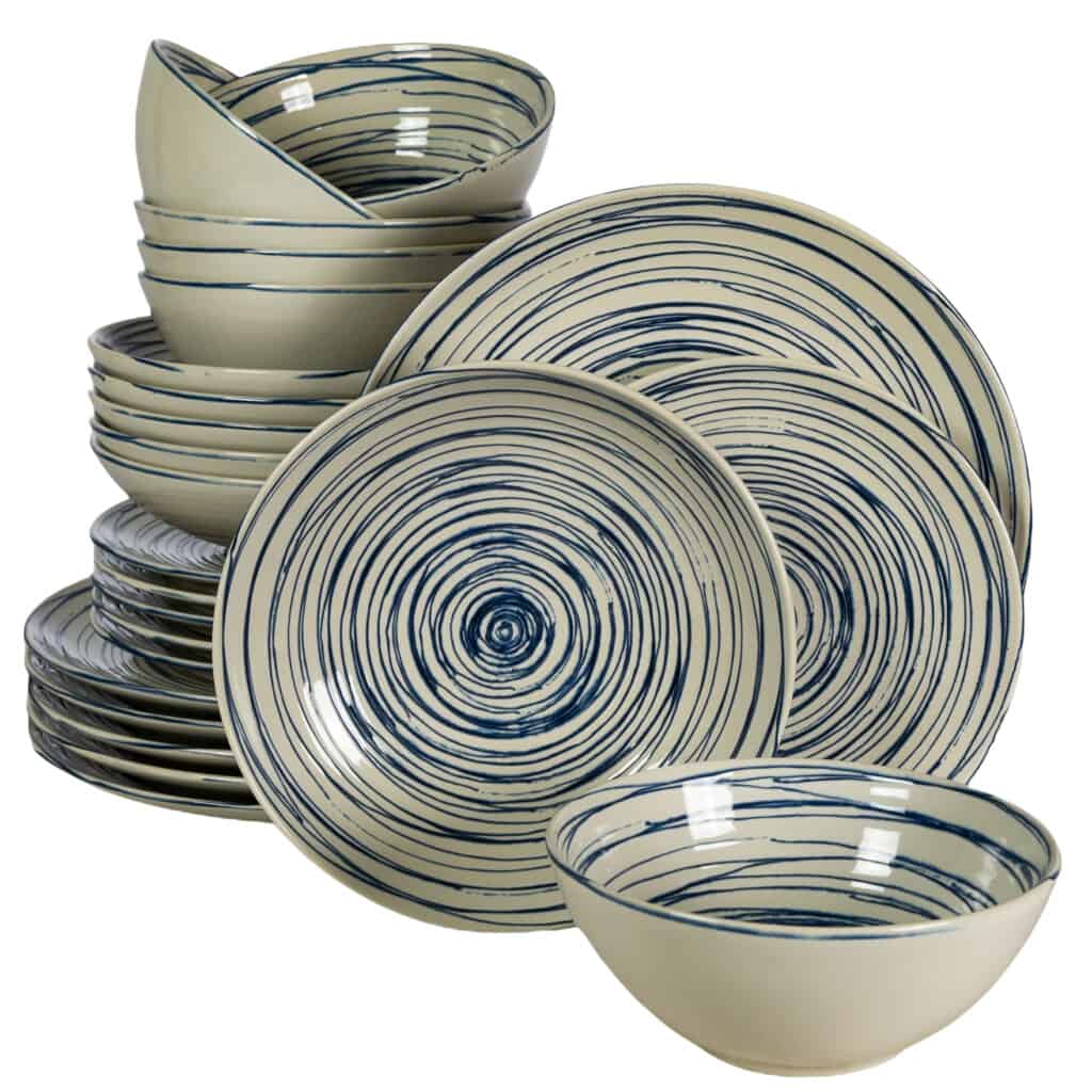Dinner set for 6 people, with deep plate and bowl, Round, Glossy Ivory decorated with blue spiral