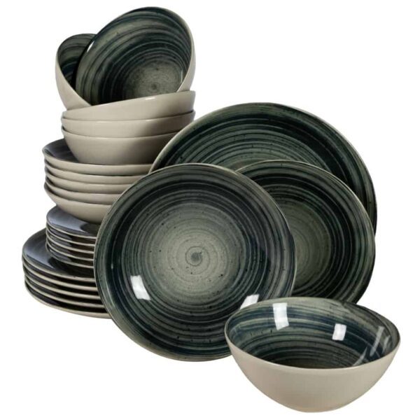 Dinner set for 4 people, with bowls, Round, Matte White with black dots
