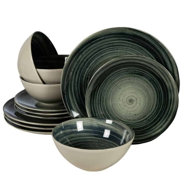 Dinner set for 4 people, with bowl, Round, Glossy Ivory decorated with dark gray spiral