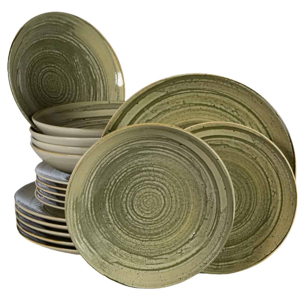 Dinner set for 6 people, with deep plate, Round, Glossy Ivory decorated with army green spiral