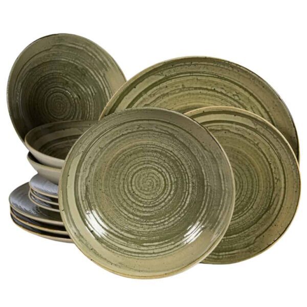 Dinner set for 4 people, with deep plate, Round, Glossy Ivory decorated with army green spiral