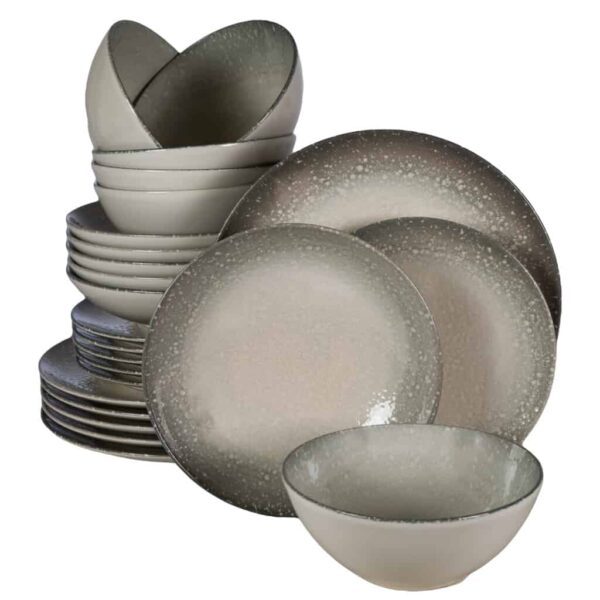 Dinner set for 6 people, with deep plate and bowl, Round, Glossy Ivory decorated with gray gradients