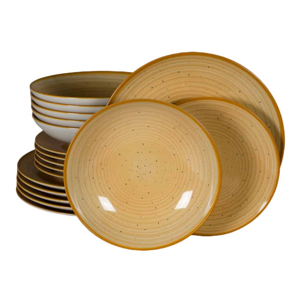 Dinner set for 6 people, with deep plate, Round, Glossy Ivory decorated with orange spiral