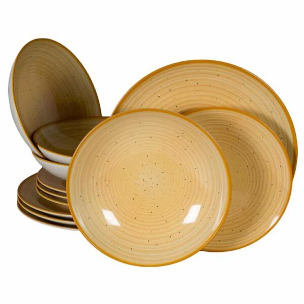Dinner set for 4 people, with deep plate, Round, Glossy Ivory decorated with orange spiral