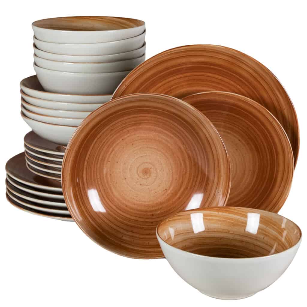 Dinner set for 6 people, with deep plate and bowl, Round, Glossy Ivory decorated with caramel spiral