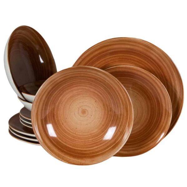 Dinner set for 4 people, with deep plate, Round, Glossy Ivory decorated with caramel spiral