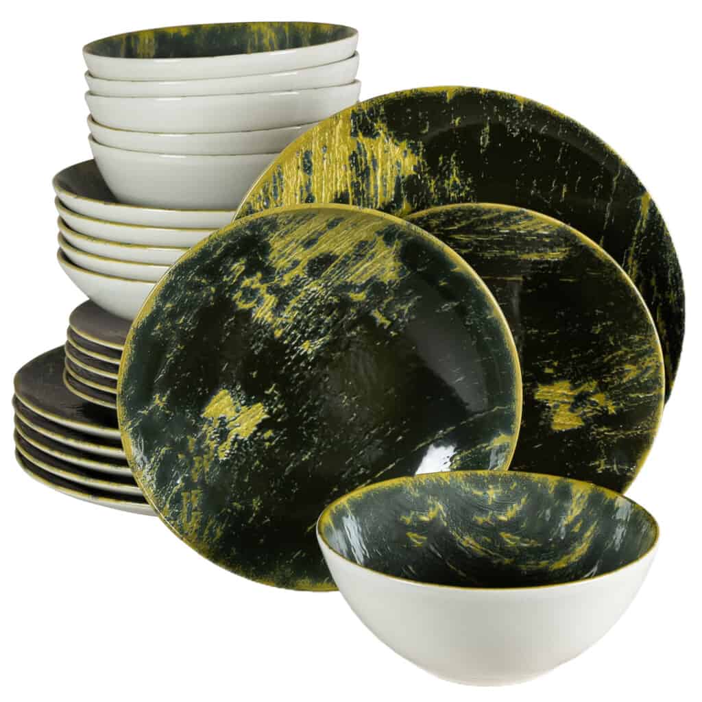 Dinner set for 6 people, with deep plate and bowl, Round, Glossy Ivory decorated with green paint