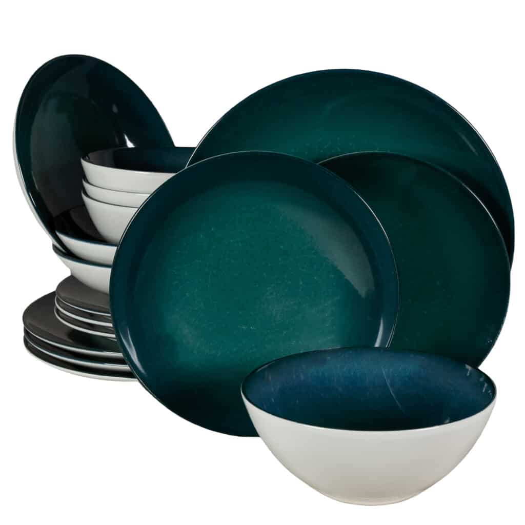 Dinner set for 4 people, with deep plate and bowl, Round, Glossy Ivory/Dark Turquoise