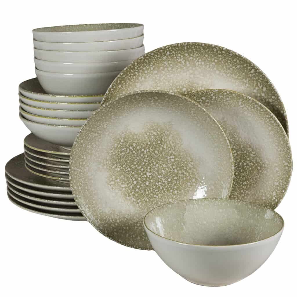 Dinner set for 6 people, with deep plate and bowl, Round, Glossy Ivory decorated with goldish ivory