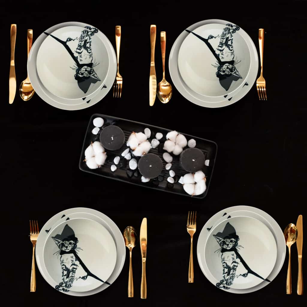 Dinner set for 4 people, with deep plate, Round, Glossy White decorated with Witch cat