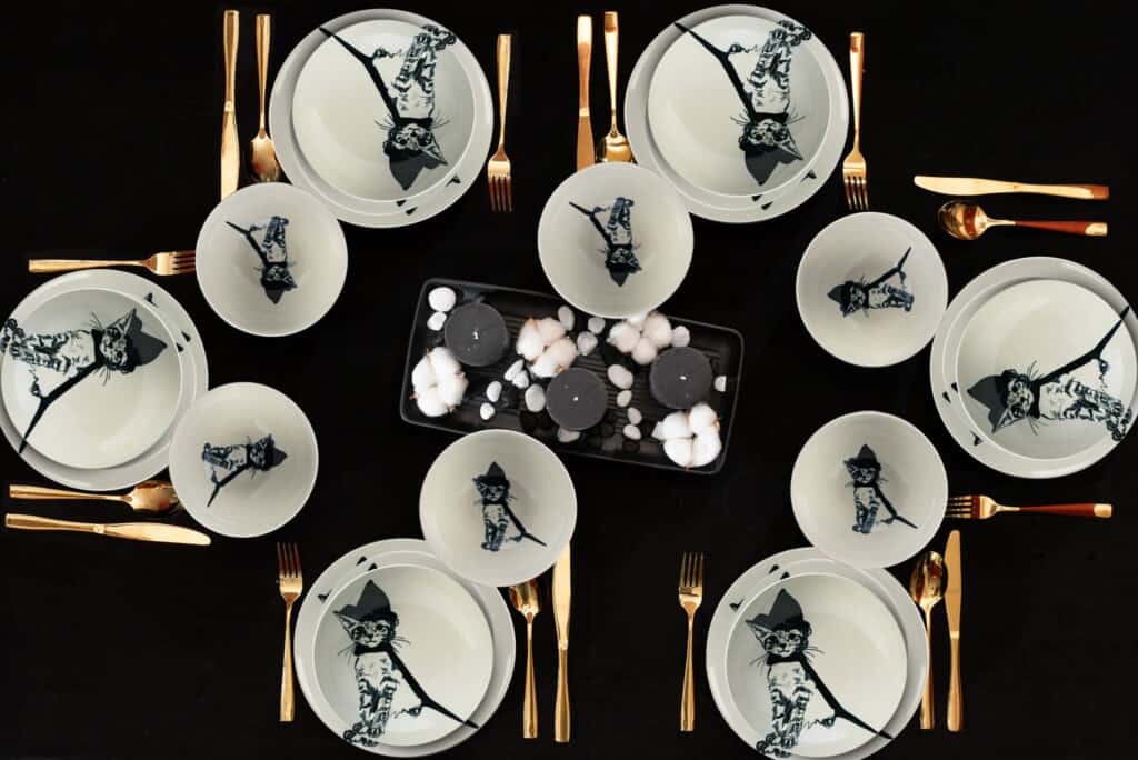 Dinner set for 6 people, with deep plate and bowl, Round, Glossy White decorated with Witch cat