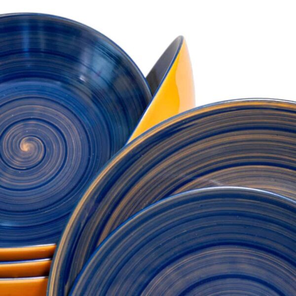Dinner set for 6 people, Glossy Yellow decorated with dark blue spiral