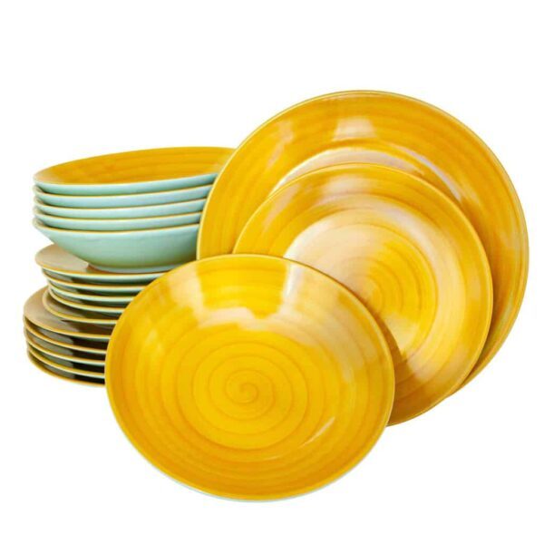 Dinner set for 6 people, Glossy Light Green decorated with yellor spiral