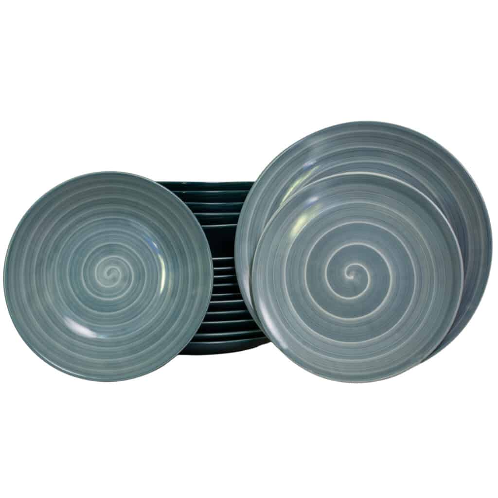 Dinner set for 6 people, Glossy Dark Gray decorated with gray spiral