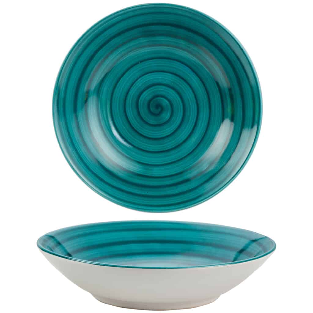 Dinner set for 6 people, Glossy White decorated with turquoise spiral