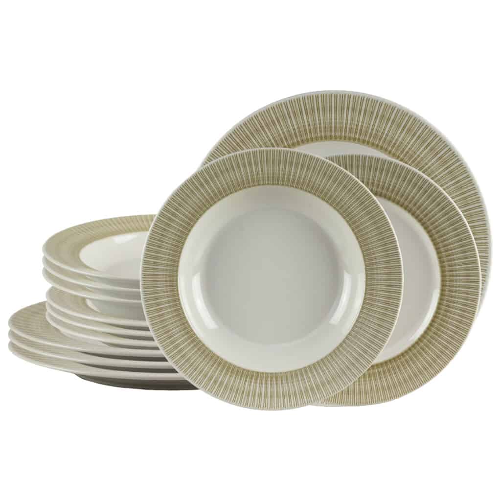 Dinner set for 4 people, with deep plate, Round, Glossy Ivory with brown edge