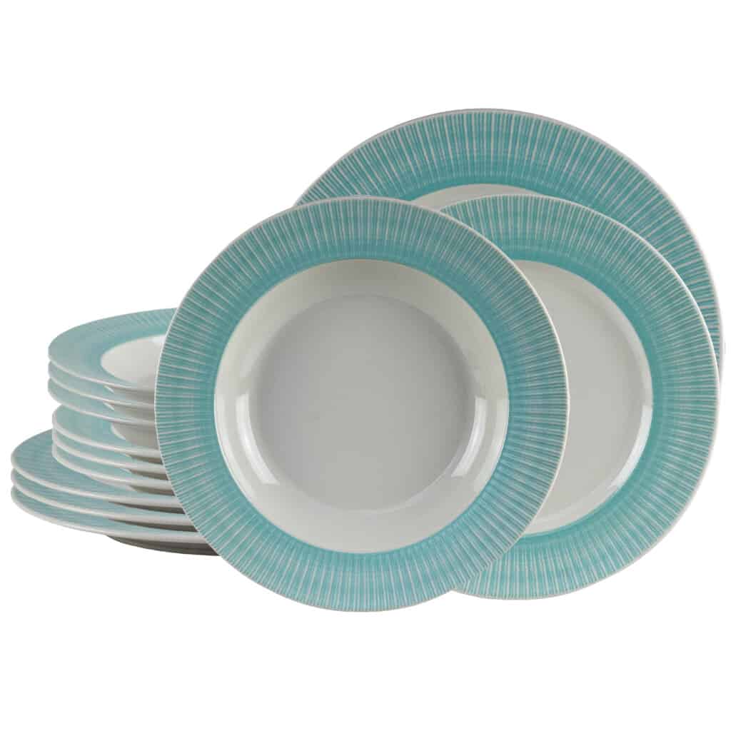 Dinner set for 4 people, with deep plate, Round, Glossy Ivory with turquoise edge