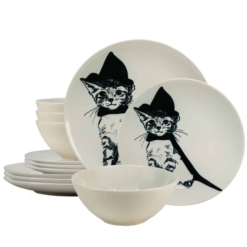 Dinner set for 4 people, with bowl, Round, Glossy White decorated with Witch cat