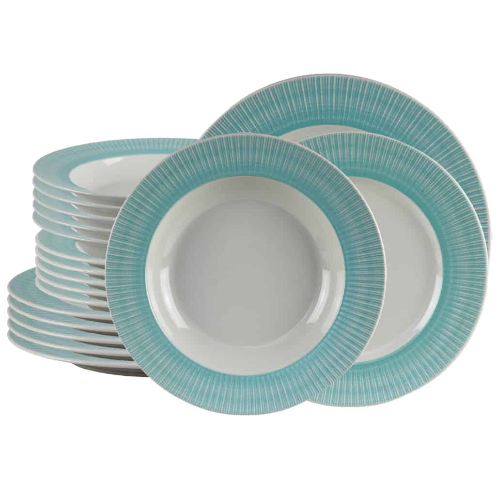 Dinner set for 6 people, with deep plate, Round, Glossy Ivory with turquoise edge