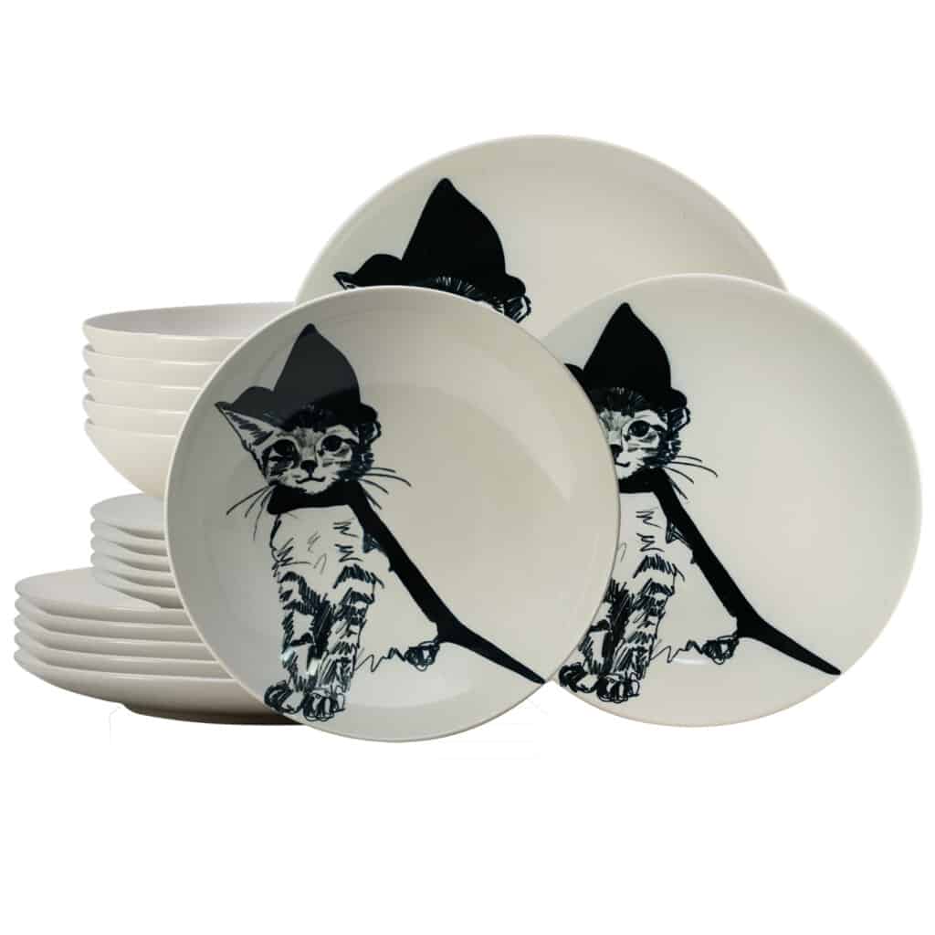 Dinner set for 6 people, with deep plate, Round, Glossy White decorated with Witch cat